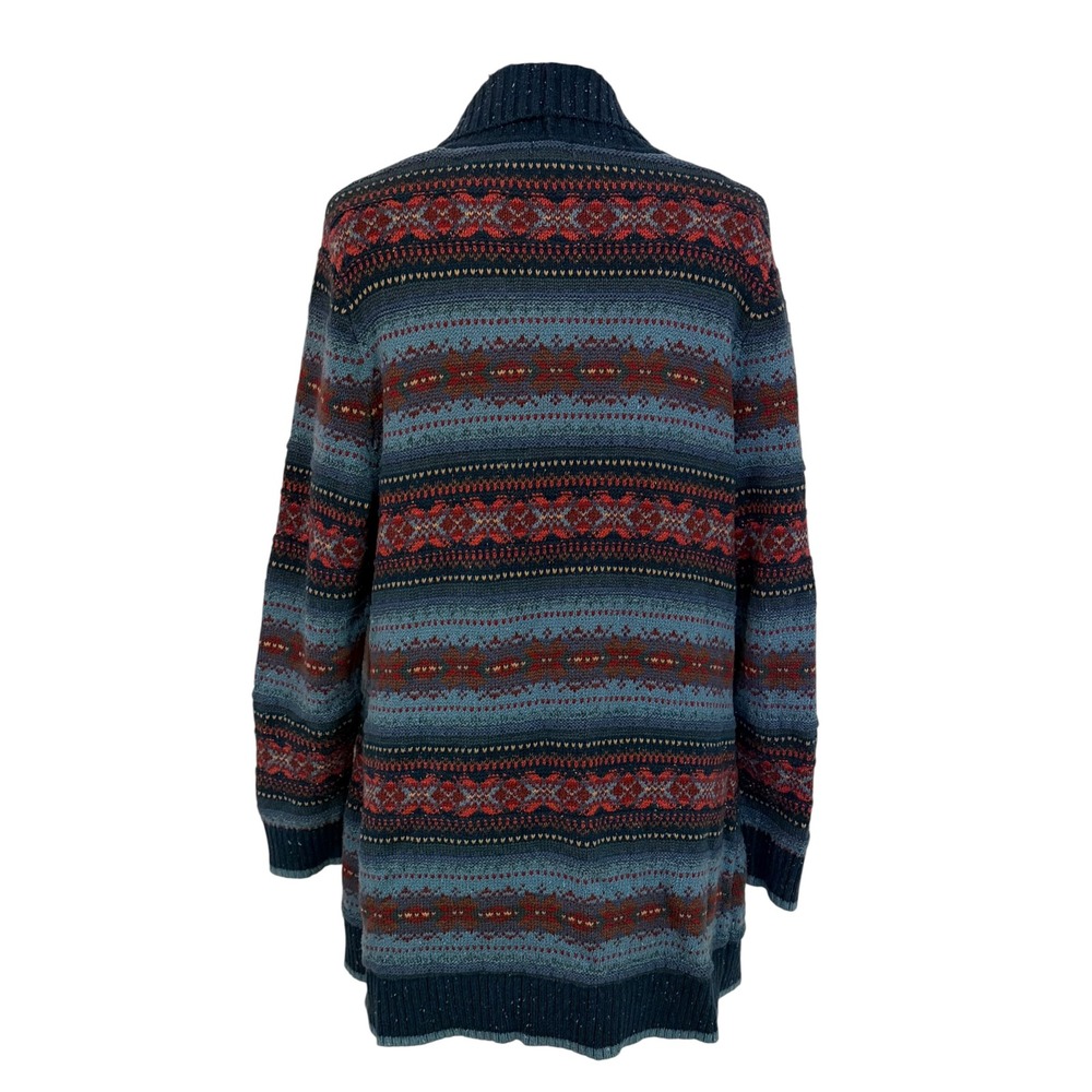 LL Bean Womens Blue Fair Isle Shawl Collar Open Front Cardigan Cabin Grandpa  L - Picture 4 of 14